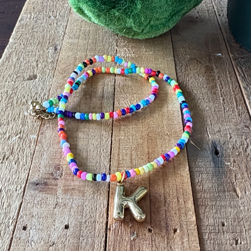 ‘K’ Bubble Initial Necklace • Gold w/Colorful beads. Adjustable, Great layered!